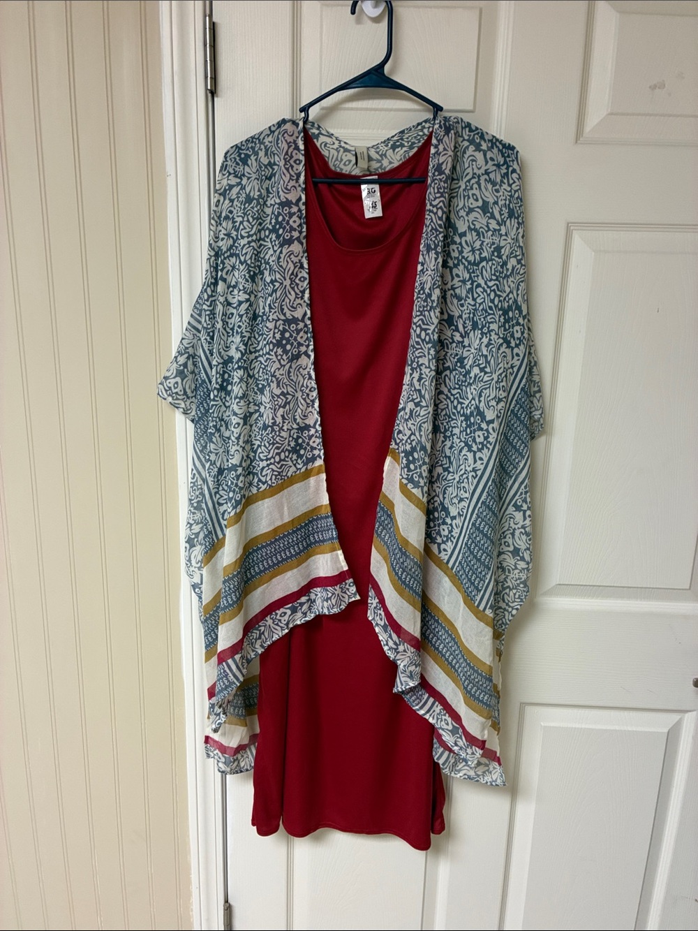 Red Tank Dress with Blue & White Printed Kimono